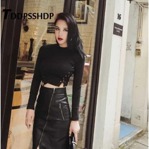 2019 Black Color Bandage Women T Shirt Short Style Spring Round Neck Female Tee Tops