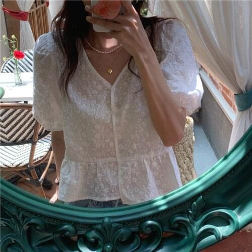 Lace Hollow Out Tops 2021 Summer Embroidered V-neck Short Sleeve Shirt Korean Women Single Breasted Clothing Women Tops 15546