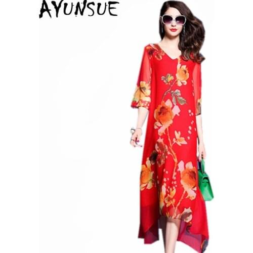 AYUNSUE 2020 Fashion Robe Femme Bohemian Summer Floral Dress Women V-Neck Casual Loose Ethnic Print Silk Dresses Vestidos WXF645