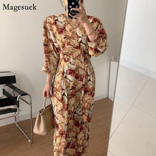 Korean Style Long Sleeve Casual Women Dresses Party Spring Summer Floral Print Dress Women Elegant Pleated Dress 2021 Robe 13286