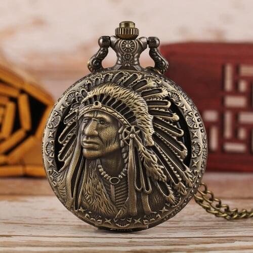 Vintage Old Man Portrait Design Quartz Fob Pocket Watch Retro Bronze Pendant Necklace Chain Antique Souvenir Gifts for Men Women