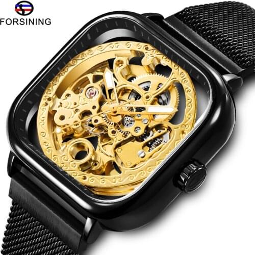 Luxury Forsining Men Automatic Watch Square Slim Black Mesh Steel Band Mechanical Skeleton Wristwatch Male Fashion Clock