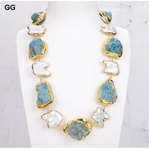 GG Jewelry Cultured White Natural Keshi Pearl Natural Blue Apatites Rough Choker Necklace 23" For Women