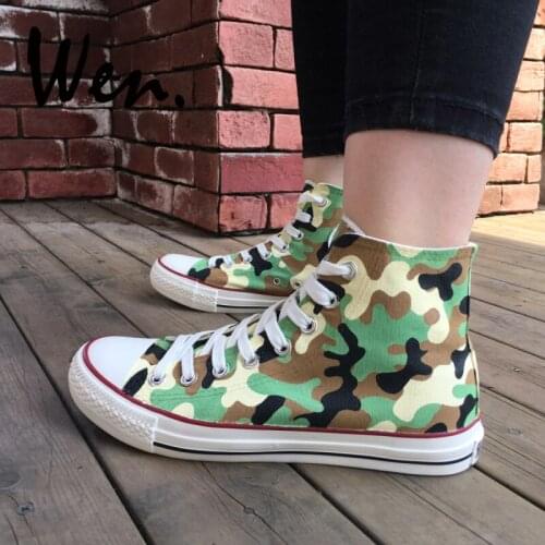 Wen Canvas Clause Unisex Shoes High Top Army Camouflage Patter Design Hand Painted Athletic Shoes for Man Woman Non Slip Sneaker