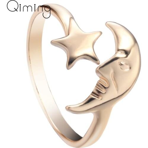 New Simple Crescent Moon Star Rings Adjustable Open Ring fashion Wholesale Jewelry For Girls Women Wedding Band