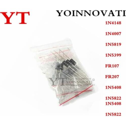 1N4148 1N4007 1N5819 1N5399 1N5408 1N5822 FR107 FR207,8values=100pcs,Electronic Components Package,Diode Assorted Kit