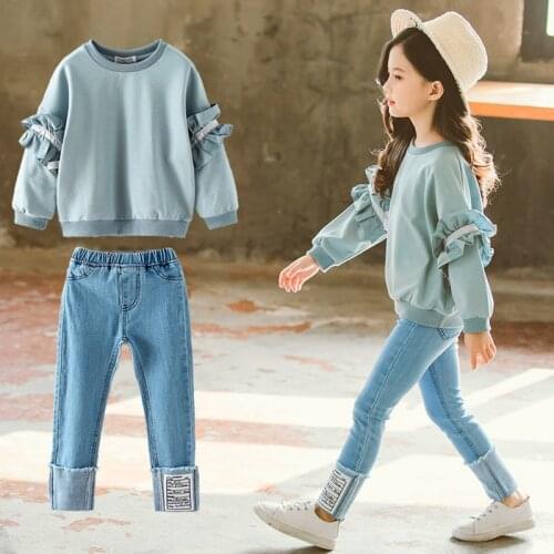 Girls Lace Sleeve Sweatshirt Jeans Suit Toddler Girl Fall Clothes 2021 Fashion Clothes Kids Boutique Clothing Wholesale