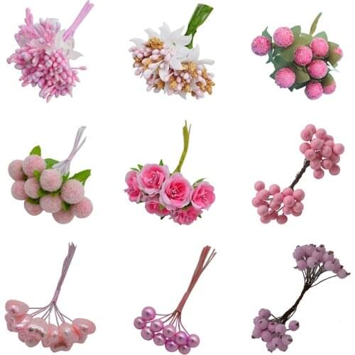 Mini Mixed Pink Artificial Plant Flowers Cherry Stamen Berries Bouquet Christmas Wedding Cake Gift Box DIY Wreath Decor Supplies