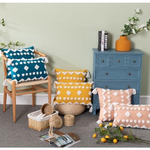 Blue Yellow Pink Boho Style Handmade Cushion Cover Cute Circle Moroccan Colorful Pillow Cover with Tassels Home Decorative