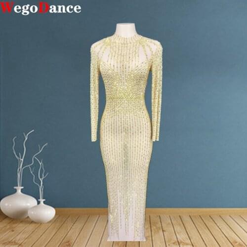 Rhinestone Dress Mesh Gold Transparent Long Bar Birthday Outfit Prom Party Women Dancer Show