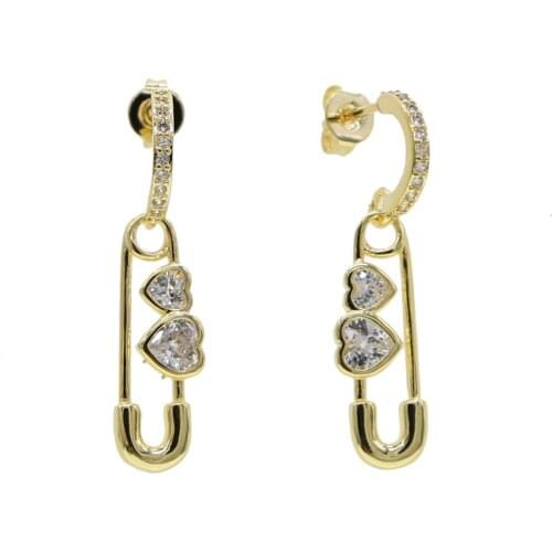Clear heart shaped cubic zirconia cz safety pin charm unique design paper clip dangle drop earring for women