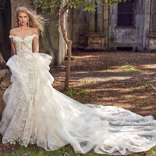 Robe De Mariee Off the Shoulder Mermaid Wedding Dress with Detachable Train Sweetheart Neck Vestido De Noiva Tulle Trouwjurk