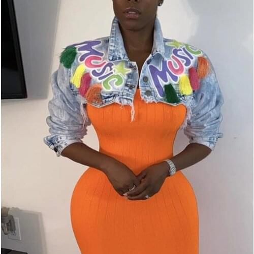 Graffiti Letter Print Demon Jeans Jacket Fall 2020 Women Stylish Sexy Streetwear Coats Cropped Tops Jackets Outerwear