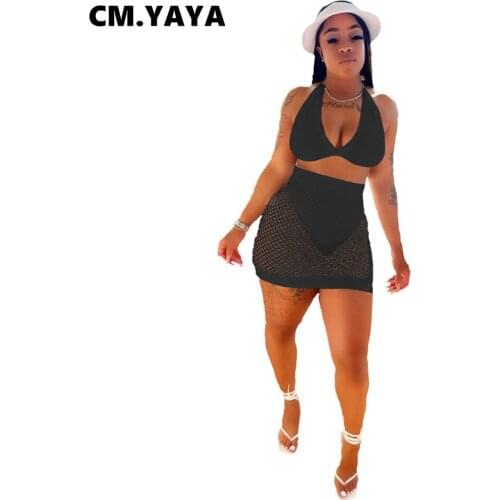 CM.YAYA Women Set Solid Mesh See-through Bandage Halter V-neck Crop Tops Mini Skirts Two 2 Piece Sets Sexy Beachwear Summer 2021