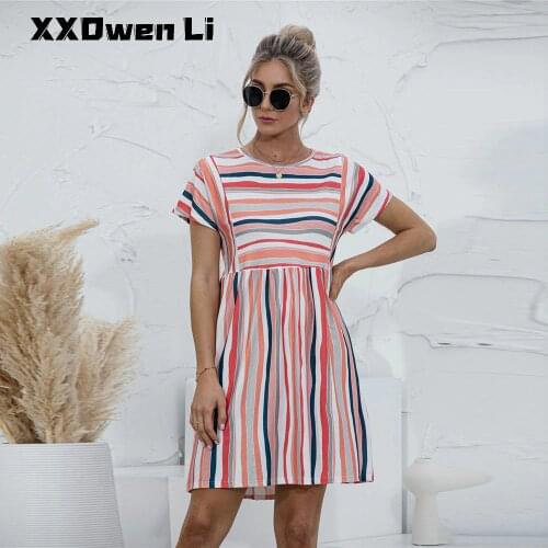 Summer Casual Stripe Printing Splicing Mini Dress For Women 2021 Elegant Draped Short Sleeve Office Lady Club Dresses Robe Femme