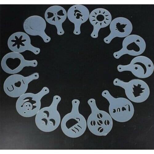 16Pcs Coffee Milk Cake Cupcake Stencil Template Dining&Bar Mold Coffee Barista Cappuccino Template Strew Pad Duster Spray Tools