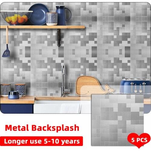 5pcs Brick Wall Sticker Metal Backsplash Self-Adhesive Tile Vinyl Peel and Stick Wall Panel Decorative Home Kitchen LivingRoom