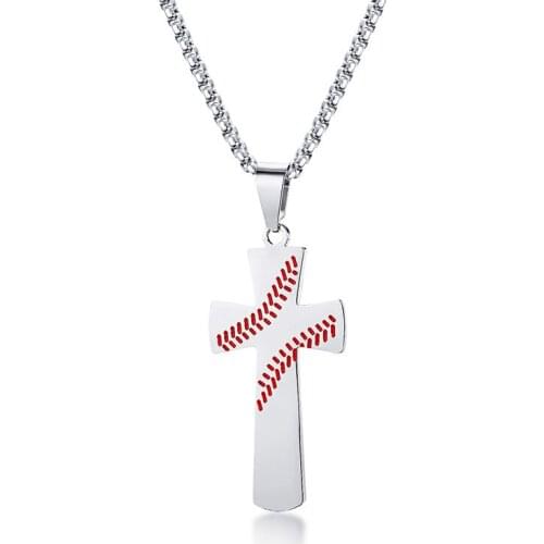 Baseball Stitch Enameled Cross Pendant For Men Flat Charm Design With Dark Red Baseball Stitches Necklace Men Jewelry