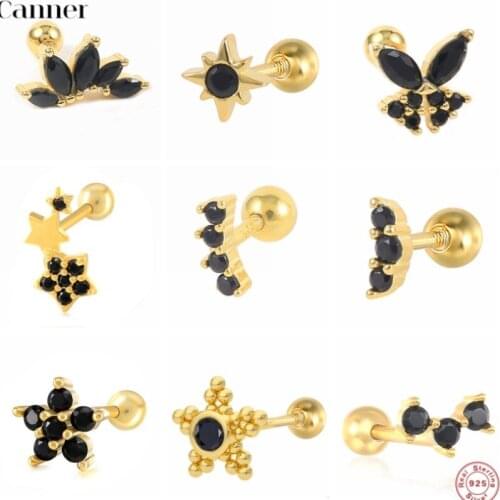 CANNER Real 1pc 925 Sterling Silver Punk Black Stud Earring Piercing Ohrringe Pendiente Luxury Women Gifts Jewelry Fashion Party