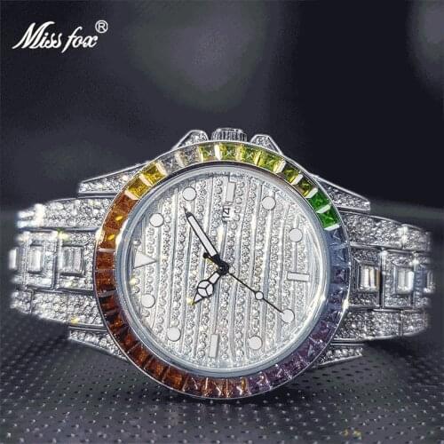 MISSFOX Brand Luxury Men Watch Bezel with Colorful Diamond Waterproof Ice Out Watches Date Adjust Clock on the hand Dropshipping
