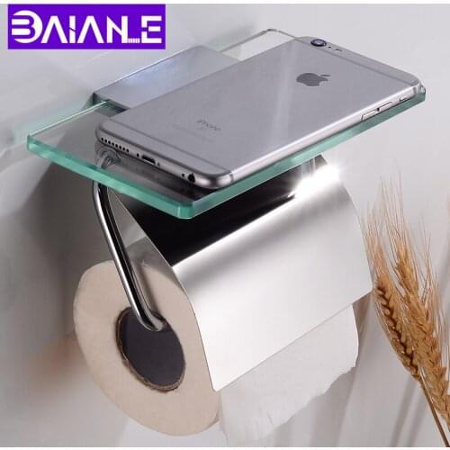 Toilet Paper Holder with Shelf Waterproof Brass Glass Bathroom Roll Paper Holder Decorative Paper Towel Holders Wall Mounted
