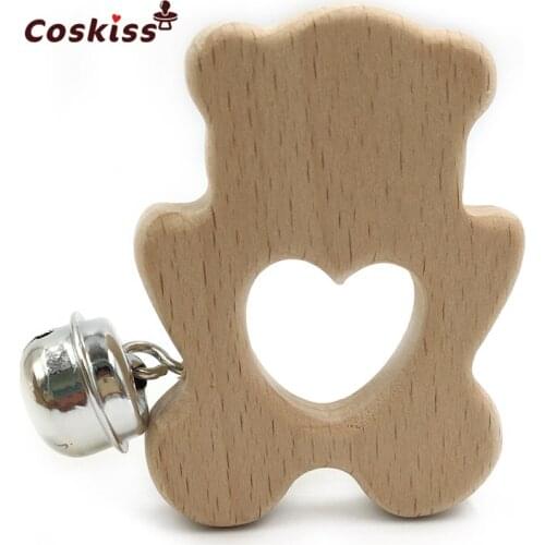 Baby Teether Bells Beech Wooden Polar bear Natural Handmade Wooden Teether DIY Eco-Friendly Safe Newborns Enlightenment Toys