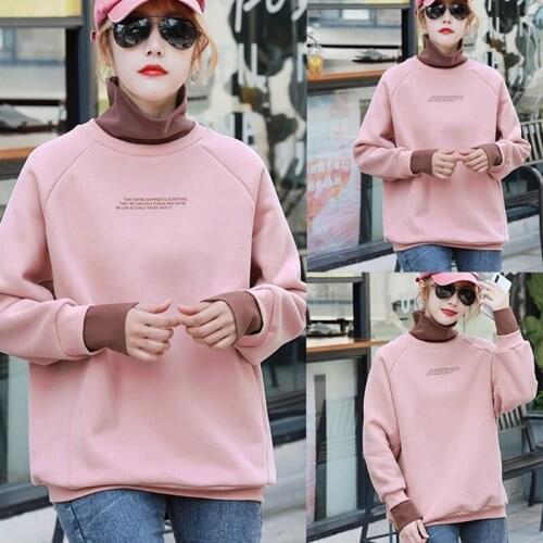 Harajuku Women Pullover Sweater Autumn Winter High Collar Fake 2-Piece Korean Style Loose Fashion Hoodie