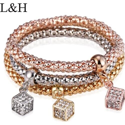 L&H 3PCS/Set Hot Sales Fashion Bracelets Set Exquisite Elastic Bracelets For Women Classic Rhinestone Bracelets Bangles For Gift