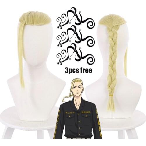 2021 Hot Anime Tokyo Revengers Draken Cosplay Wig Golden Hair Long Braid Bangs Ryuguuji Ken Wigs + Wig Cap + Tatoo Sticker