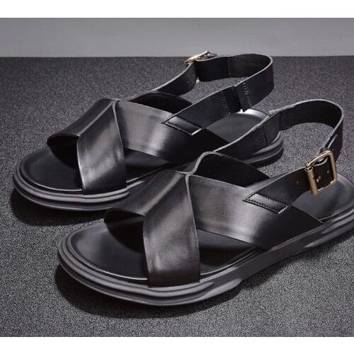 Brand Summer New Mens Geunine Leather Flat Sandals Open Toe Breathable Buckle Strap Leisure Black Male Cowhide Beach Sandals