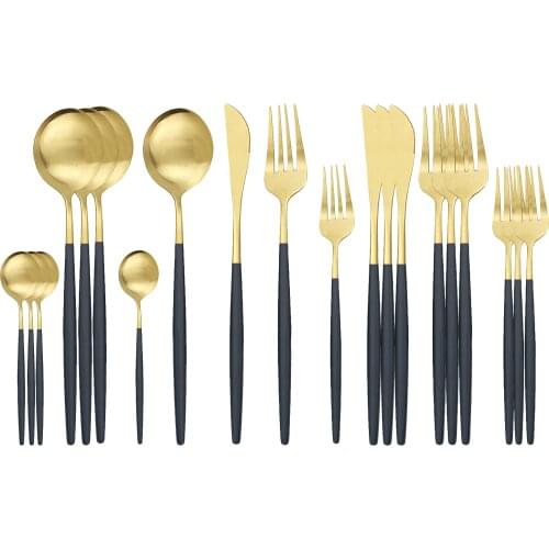20Pcs Dinnerware Set Black Gold Flatware Set Matte Knife Spoon Fork Cutlery Set Stainless Steel Kitchen Silverware Tableware Set