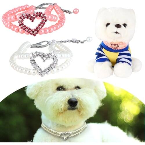 Cute Lovely Pet Pearl Necklace Puppy Collar With Shiny Rhinestone Heart Tag Pet Cat Dog Accessories D40