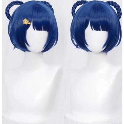 Genshin Impact Xiang Ling Blue Braid Cute Short Heat Hair Cosplay Anime Wigs Heat Resistant Synthetic Wigs Halloween