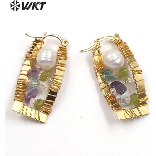 WT-E589 Natural Freshwater Pearl Earring Gold Electroplated wire wrapped pearl & colorful stone Earring Elegant woman Earring