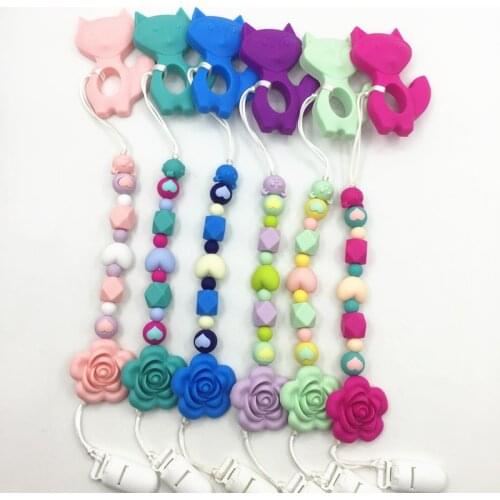 Silicone Teething Pacifier Clip with rose flower -silicone Universal Soother Clip -baby BPA Free for teething fox pendant