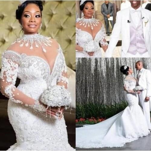 Mermaid Wedding Dresses 2021 African Arabic High Neck Long Sleeve Lace Crystal Court Train Luxury Bridal Gown Mariage 2022