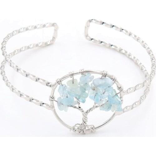 FYJS Unique Silver Plated Wire Tree of Life Aquamarines Crystal Bangle Ethnic Style Jewelry