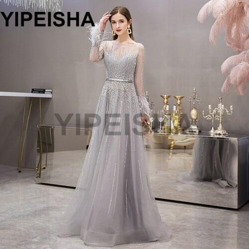 O-Neck Long Sleeve Glittery Beading Sequined Evening Dresses Tulle Ruched Formal Prom Party Gown vestidos de fiesta платье
