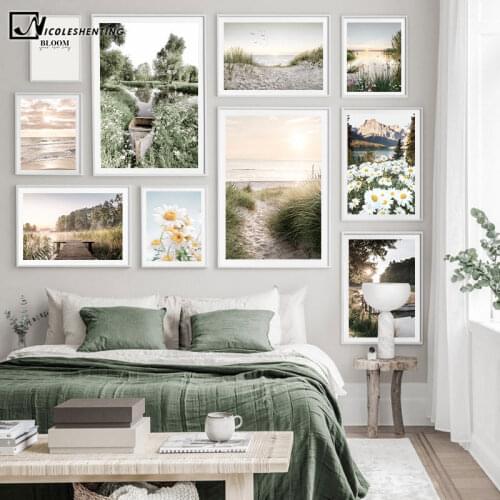 Spring Flower Lake Nordic Canvas Painting Sunset Nature Landscape Scandinavian Poster Canvas Print Wall Art Decoration Picture