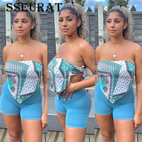 SSEURAT 2021 Women Summer T-Shirts Strapless Sleeveless bandana Print Sexy Tees Night Club Party Slim Crop Tops