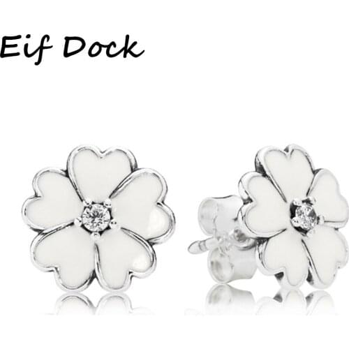 Eif Dock White Enamel Cherry Flower Blossoms Crystal Stud Earrings Silver Color Ear Studs For Womens Mothers day Birthday Gift