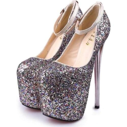 Extreme High Heels 19cm Women Pumps PU Leather Round Toe Gold Wedding Dress Shoes Clear Heels Strappy Sexy Lady Platform Shoes