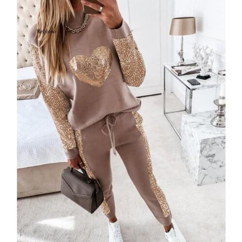 Ladies Fashion 2-Piece Set of Love Sequin Pullover + Trousers Sports Suit Casual Sportswear