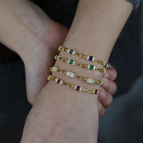 2021 Summer fashion White Green Blue Red cz iced out baguette geometric Open Link Chain women colorful cz bracelet jewelry15+4cm