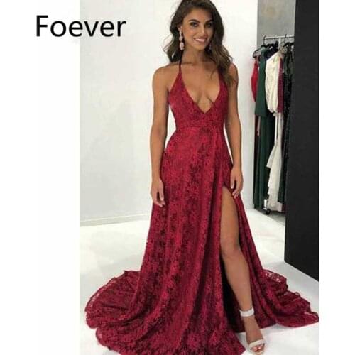 New 2019 Burgundy A-Line Prom Dresses Long with Lace Front Split Deep V-Neck Formal Evening Dresses Prom Dress