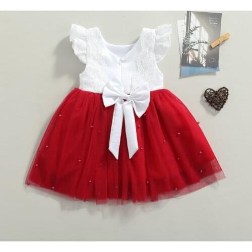 FOCUSNORM 0-6Y Princess Summer Kids Girls Party Dress Color Matching Lace Splicing Bow Pearl Knee Length Tutu Dress
