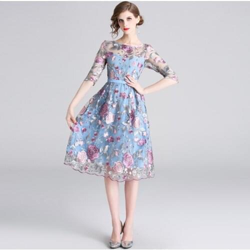 High Quality Spring 3/4 Sleeve Mesh Flower Embroidery Dress Women 2021 New Holiday A-Line Runway Dress
