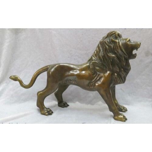 11" China brass carved fine beautiful Foo Dogs lion Sculpture Statue