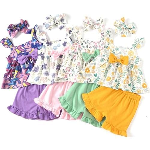 2021-02-25 Lioraitiin 2 Pcs 0-3Years Infant Baby Girl Flower Print Fly Sleeves Square Collar Bowknot Tops Solid Ruffle Shorts