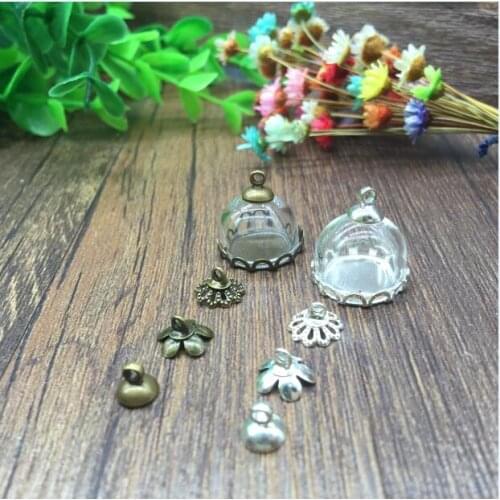 5sets/lot 15mm handmade Hemisphere glass dome bottle silver/bronze plated metal beads cap, charm glass vial pendants necklace